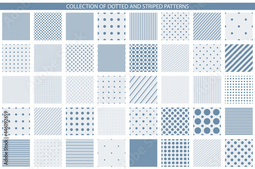 Collection of vector geometric seamless patterns - minimalistic design. Simple dotted and striped textures - endless backgrounds. Blue and white textile repeatable prints