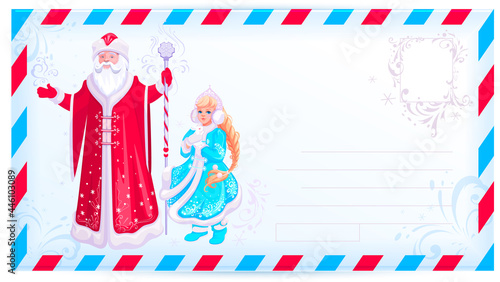 Russian santa claus and snow maiden design christmas card template envelope for letter