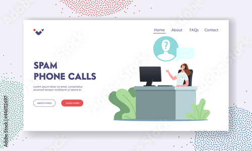 Spam Phone Calls Landing Page Template. Operator Character Call to Subscriber from Unknown Number. Calling Opinion Poll