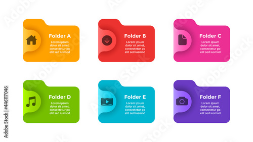 6 folder icons illustration. Infographic slide template for your presentation. File manager. Creative computer concept. User interface technology.