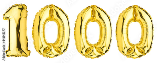 Number One thousand 1000 balloons. Helium balloon. Golden Yellow foil color. Followers, Subscribers, greeting card, Sale, Advertising, Anniversary. High resolution photo. White isolated background