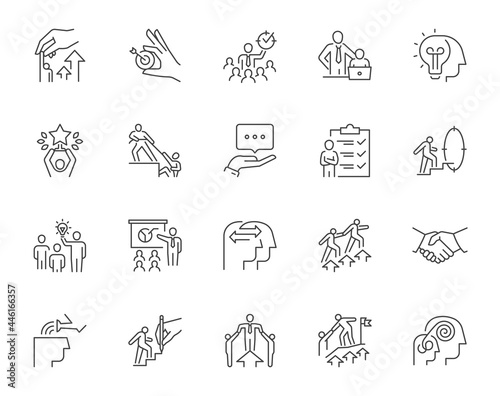 Set of mentoring related line icons. Contains such icons as personal development, experience exchange, support, etc. Editable stroke. 