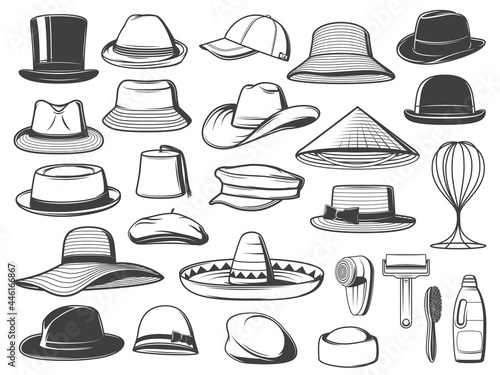 Men and women hats, caps and panamas. Vector top hat, trilby and sombrero, homburg, bucket and cowboy, asian, fez and boater, basketball, breton and flat cap, fedora, floppy and cleaning accessories