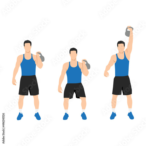 Man doing One arm kettlebell push and press exercise. Flat vector illustration isolated on white background