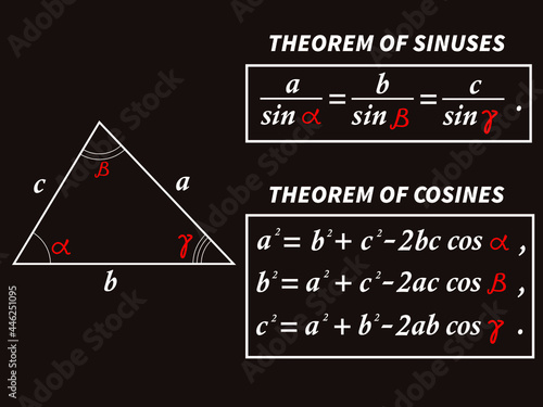 vector illustration depicting a triangle with sine and cosine theorem formulas for prints on educational posters, banners, teaching aids as well as for the design of math classes