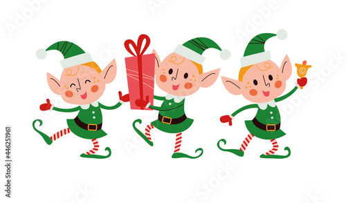 Set of different cute little Santa elves characters with gift box, ring bell, dance isolated. Vector flat cartoon illustration. For Christmas cards, patterns, banners, stickers.