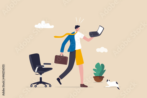 Hybrid work after covid-19 crisis, employee choice to work remotely from home or on site office for best productivity and result concept, businessman with hybrid cloth work both from home and office.