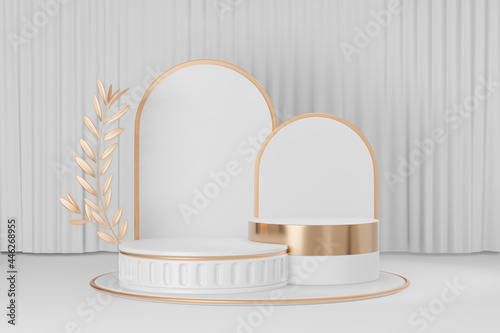 Cosmetic display product stand, Gold white roman style round cylinder podium with white back and gold olive leaf on white curtain background. 3D rendering illustration