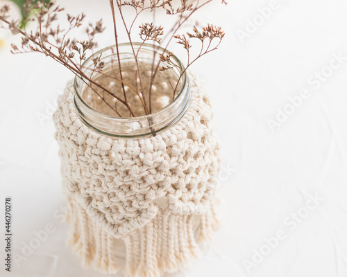 Small glass vase, jar, candleholder with macrame cover. Dry herbs. Boho style. Bohemian home decor. Wedding accessory.