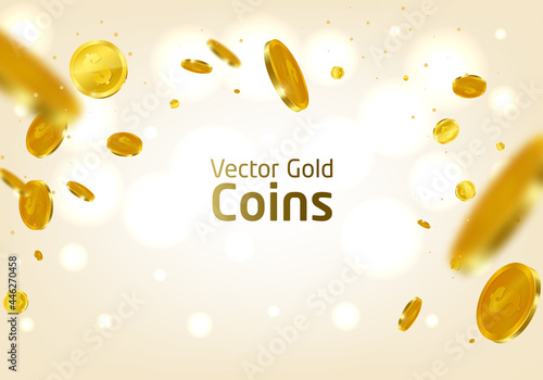 Realistic Gold coins explosion. For your online casino design. Flying gold coins vector illustration. Jackpot or success concept. Illustration of 3d golden coins with dollar sign.