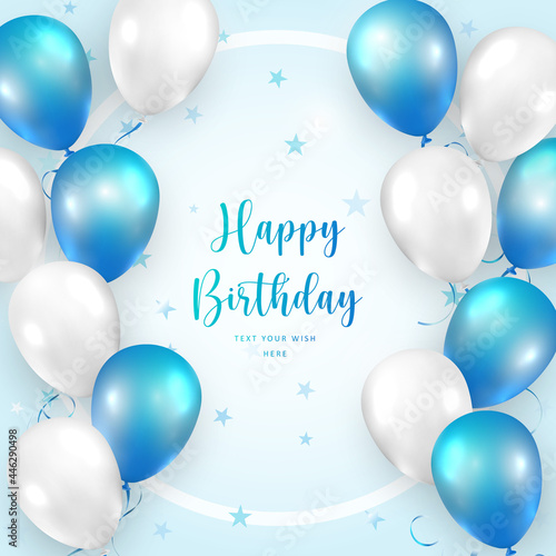 Elegant blue white ballon and ribbon Happy Birthday celebration card banner template star pattern background