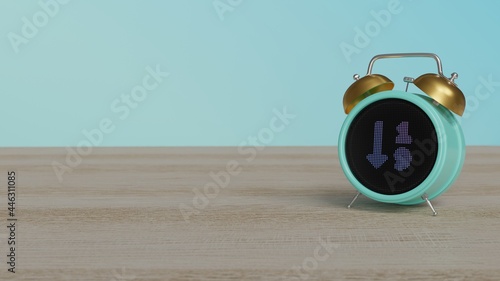3d rendering of color alarm clock with symbol of sort numeric down on display on table