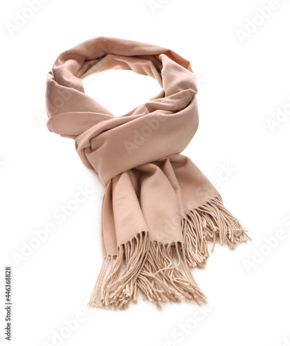 Beige scarf isolated on white. Stylish accessory