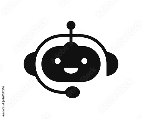 Chatbot icon. Support bot. Cute smiling robot with headset. The symbol of an instant response from the support service. Mobile helper icon. Vector illustration isolated on white background.