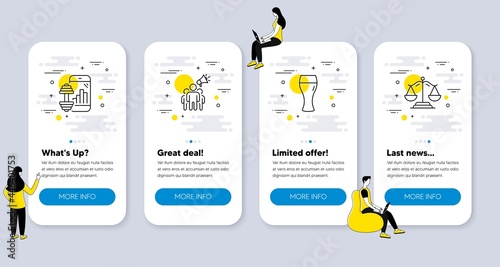 Set of Business icons, such as Beer glass, Fitness app, Brand ambassador icons. UI phone app screens with people. Justice scales line symbols. Brewery beverage, Training program, Megaphone. Vector
