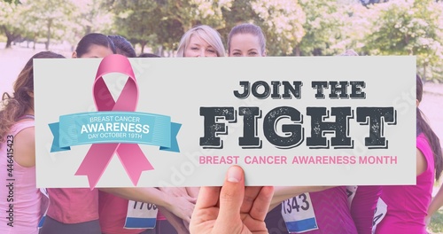 Composition of pink ribbon logo and breast cancer text, with diverse group of smiling women
