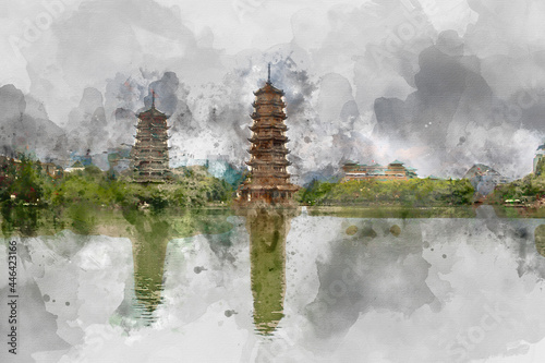 Digital watercolor painting of beautiful landscape image view of Sun and Moon Twin pagodas in Guilin, China.