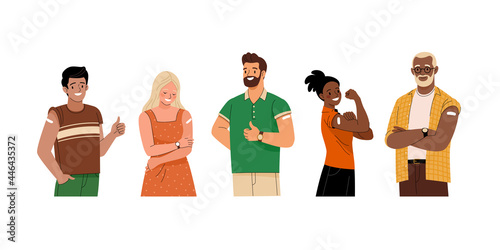 Group of vaccinated people. Vector illustration of diverse cartoon smiling men and women with with a patch on the shoulder. Isolated on white