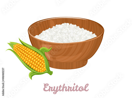 Natural sweetener erythritol in wooden bowl and corn isolated on white background. Vector illustration of organic healthy food in cartoon flat style.