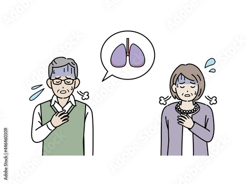 高齢者 年配 男女 肺炎 喘息 呼吸が苦しい イラスト素材