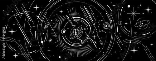 Vector abstract space illustration with star, planet and white color line