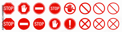 Stop red sign icon - vector set. STOP sign with white hand. Warning stop signs isolated. Traffic signs collection. Vector illustration