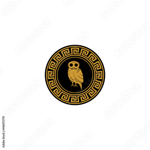 Ancient Greek Shield with The Image of an Owl and Classical Greek Meander Ornament Vintage Illustration
