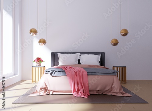 Morning light in a white bedroom with a pink bed.3d rendering