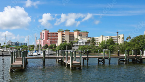 Docks, timeshares, condos, homes and hotels on Fort Myers Beach. Florida, USA.