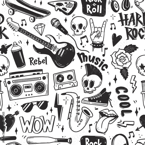 Rock n roll, punk music seamless pattern. Graffiti, tattoo hand drawn style element, skull, guitar, note. Grunge rock vector illustration.