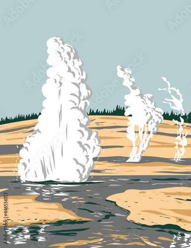 WPA poster art of Norris Geyser Basin the hottest, oldest and most dynamic of Yellowstone's thermal or geothermal areas in Yellowstone National Park Wyoming done in works project administration style.