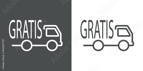 Logotipo con silueta de camión de reparto con palabra Gratis en español con lineas en fondo gris y fondo blanco