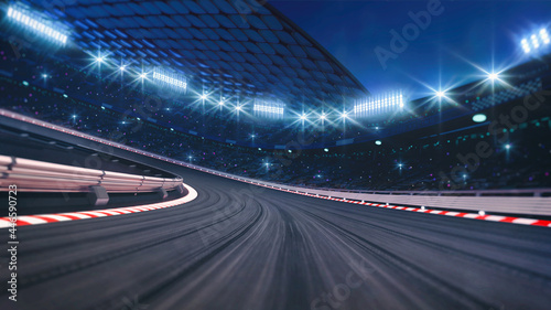 Curved asphalt racing track and illuminated race sport stadium at night. Professional digital 3d illustration of racing sports. 