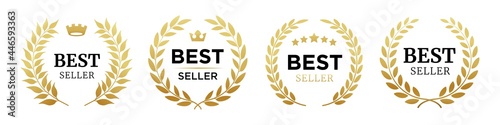 Set of badge best seller, best choice, best price, best quality. Gold logo design with wreath laurel. Vector illustration