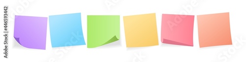 Colored sticky note set. Colorful post it notes isolated on white background. Vector realistic illustration. Sticky note collection with curled corners and shadows