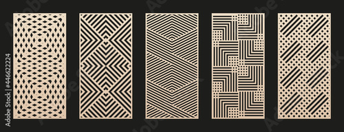 Laser cut patterns collection. Vector set with abstract geometric ornament, lines, stripes, grid, lattice. Decorative stencil for laser cutting of wood panel, metal, plastic, paper. Aspect ratio 1:2