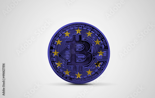EUropean Union flag on a bitcoin cryptocurrency coin. 3D Rendering