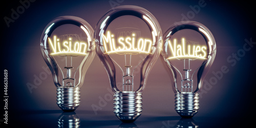 Vision, mission, values - shining light bulbs - 3D illustration