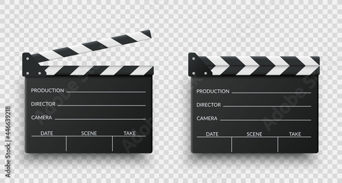 Realistic black movie clappers board set. Clapboards open and closed. Movie, cinema, film symbol concept. Director clapboard. Filmmaking, video production industry equipment. Vector illustration