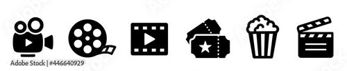 Cinema icons set. Collection icon: Popcorn box, movie, clapper board, film, movie, tv, video and other. Flat style - stock vector.