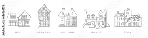 Various traditional houses of different countries. Old english mansion, half-timbered german house, italian villa, french provencal and american house. Simple outline logo, emblem for real estate.