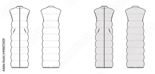 Down vest puffer waistcoat technical fashion illustration with stand collar, pockets, maxi length, wide quilting. Flat template front, back, white, grey color style. Women, men, unisex top CAD mockup