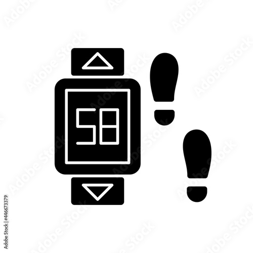 Online fitness pedometer device black glyph icon. Walking style. Personal step and motion detection. Health software step counts display. Silhouette symbol on white space. Vector isolated illustration
