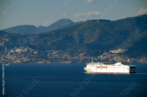 Modern Mediterranean passenger ferry cruiseship cruise ship liner in sailing towards port of Genova, Italy