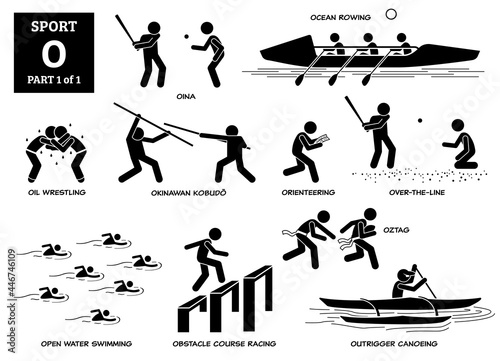 Sport games alphabet O vector icons pictogram. Oina, ocean rowing, oil wrestling, okinawan kobudo, orienteering, over the line, open water swimming, obstacle course racing, oztag, outrigger canoeing.