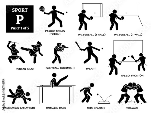 Sport games alphabet P vector icons pictogram. Paddle tennis, padel, paddleball, pencak silat, paintball skirmish, palant, paleta fronton, pankration amateur, parallel bars, park paerk, and pehlwani.