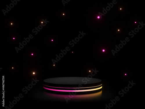 3D black stand with gradient neon lights. Dark background