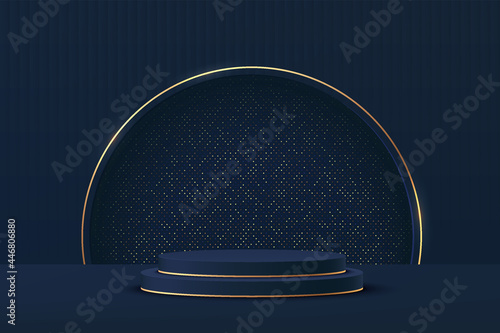 Abstract 3D dark blue cylinder pedestal podium with golden semi circle and glitter background. Luxury dark blue wall scene for product display presentation. Vector rendering geometric platform design.