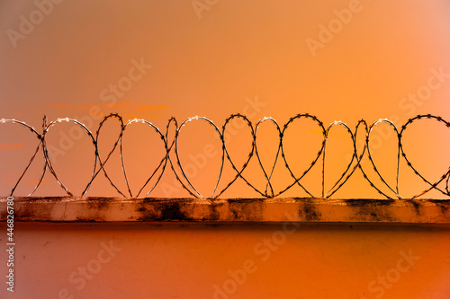 concertina fence installed on a wall and a yellow afternoon sky background