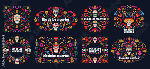 Dia de Los muertos banners. Day of the dead mexican sugar human head bones and flowers vector background set. Mexican dead day holiday cards